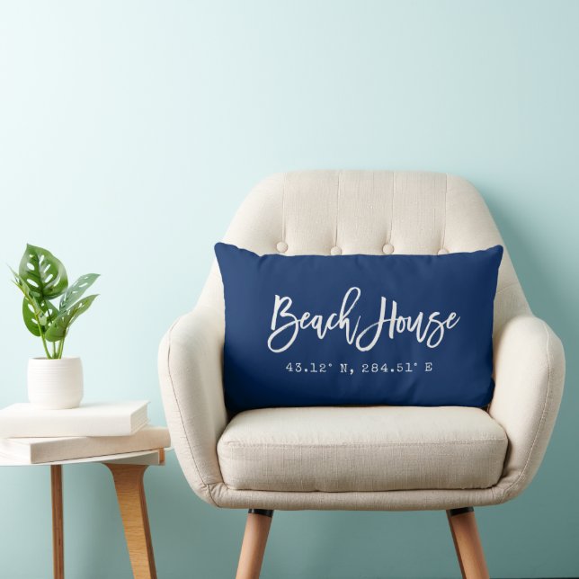 Brush Script Blue Beach House Your Coordinates Lumbar Cushion (Chair)