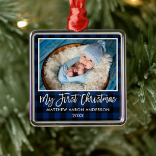 Brush Script Blue Plaid Baby First Christmas Metal Tree Decoration