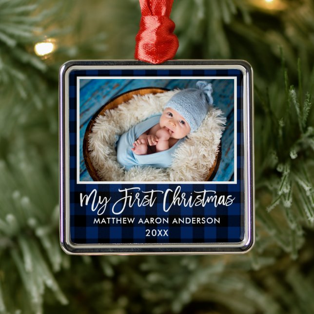 Brush Script Blue Plaid Baby First Christmas Metal Tree Decoration (Tree)
