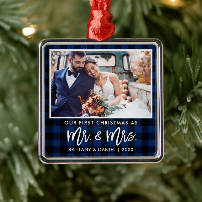 Brush Script Blue Plaid First Christmas Mr. Mrs. Metal Tree Decoration (Tree)