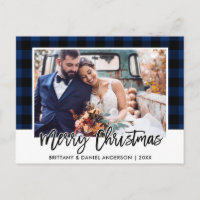 Brush Script Blue Plaid Wedding Photo Christmas