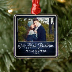 Brush Script Blue Wood Couple Our First Christmas Metal Tree Decoration