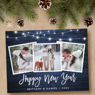 Brush Script Blue Wood Lights 3 Photo New Year Postcard