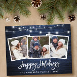 Brush Script Blue Wood Lights Holiday 3 Photo Postcard<br><div class="desc">Rustic Blue Wood Brush Script 3 Photo Family Happy Holidays Postcard with String Lights</div>