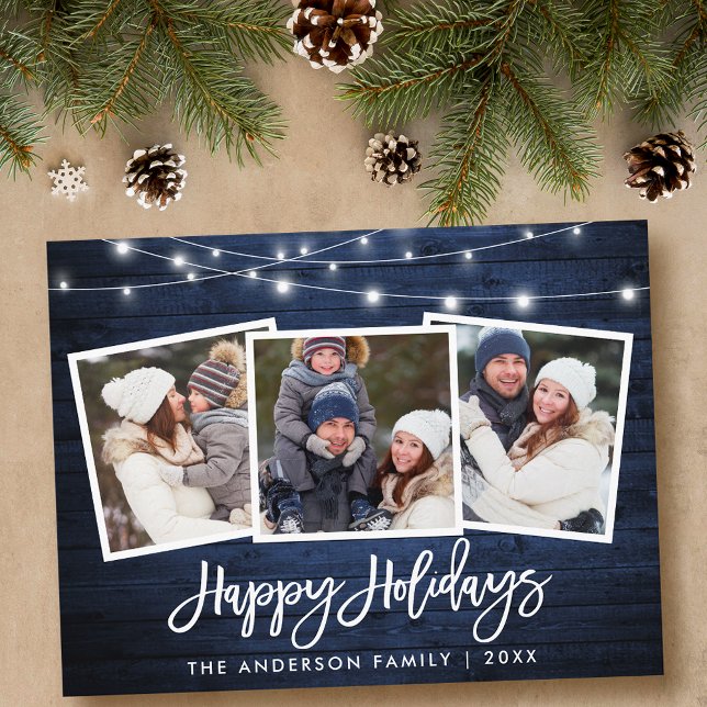 Brush Script Blue Wood Lights Holiday 3 Photo Postcard (Customize to change your personalized text size or text style.)