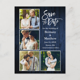 Brush Script Blue Wood Save The Date 4 Photo Postcard