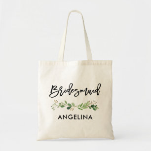 Brush Script Botanical Greenery Bridesmaid Tote Bag
