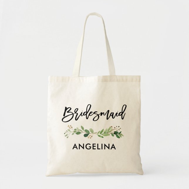 Brush Script Botanical Greenery Bridesmaid Tote Bag (Front)