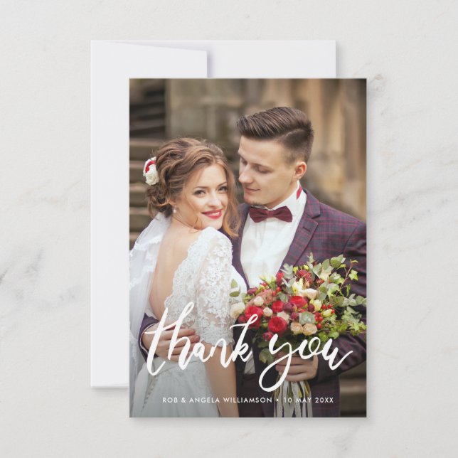 Brush script bride & groom photo overlay wedding thank you card (Front)