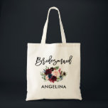 Brush Script Burgundy Blue Floral Bridesmaid Tote Bag<br><div class="desc">Modern Trendy Brush Script Watercolor Burgundy Marsala Blue Floral Bridesmaid Tote Bag</div>