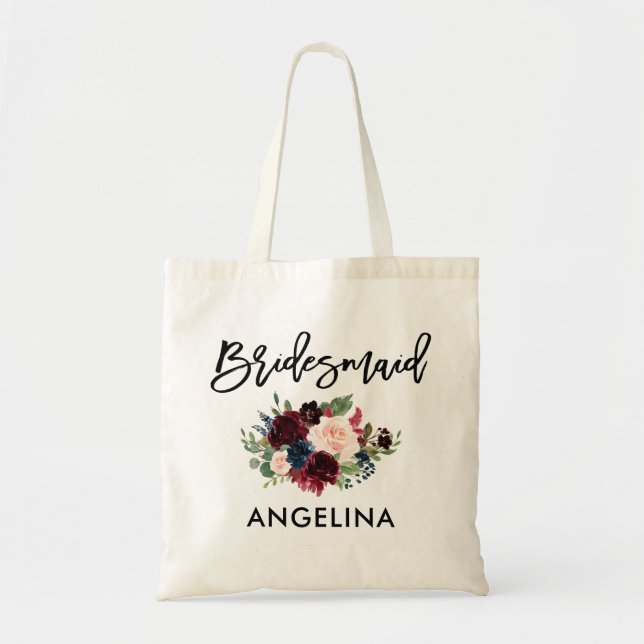 Brush Script Burgundy Blue Floral Bridesmaid Tote Bag (Front)