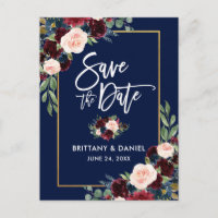 Brush Script Burgundy Blue Floral Save the Date