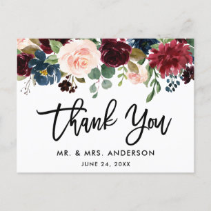 Brush Script Burgundy Blue Floral Wedding Thanks Postcard
