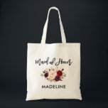Brush Script Burgundy Floral Maid of Honour Tote Bag<br><div class="desc">Modern Trendy Brush Script Watercolor Burgundy Marsala Floral Bridesmaid Maid of Honour Tote Bag</div>