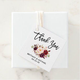 Brush Script Burgundy Floral Wedding Thank You Favour Tags