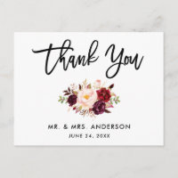 Brush Script Burgundy Wedding Floral Thank You