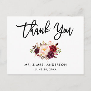 Brush Script Burgundy Wedding Floral Thank You Postcard