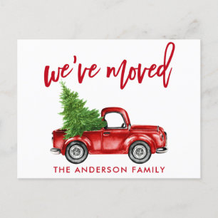 Brush Script Change of Address Red Truck Tree Postcard