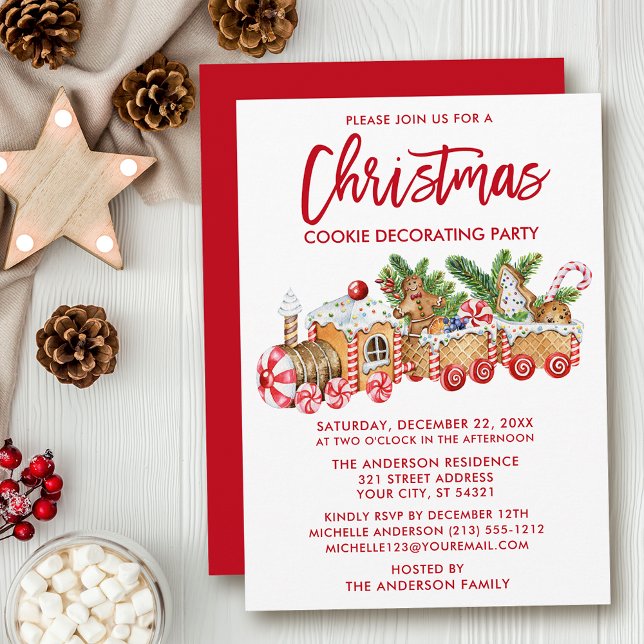 Brush Script Christmas Cookie Decorating Party Red Invitation (Customize to change your personalized text size, style, color or to change color of back of card.)
