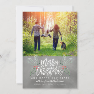 Brush Script Christmas Hollies Photo Chalkboard Holiday Card