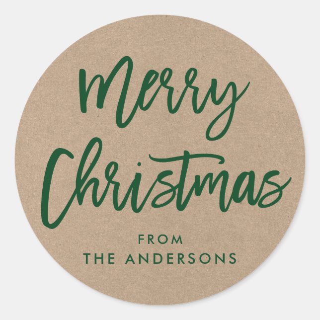 Brush Script Christmas Kraft Green Gift Sticker (Front)