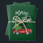 Brush Script Christmas Red Truck Green Wrapping Paper Sheet<br><div class="desc">Modern Brush Script Watercolor Vintage Red Truck with Christmas Tree - Green Wrapping Paper Sheet</div>