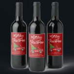 Brush Script Christmas Vintage Red Truck Tree Wine Label<br><div class="desc">Modern Brush Script Watercolor Vintage Red Truck with Christmas Tree Wine Bottle Label - Red</div>