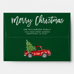 Brush Script Christmas Vintage Truck Green Envelope