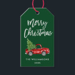 Brush Script Christmas Vintage Truck Green Gift Tags<br><div class="desc">Brush Script Watercolor Vintage Red Truck with Christmas Tree Gift Tag - Green</div>