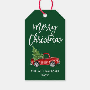 Brush Script Christmas Vintage Truck Green Gift Tags