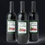 Brush Script Christmas Vintage Truck Green Plaid Wine Label<br><div class="desc">Brush Script Watercolor Vintage Red Truck with Christmas Tree Wine Bottle Label - Green Buffalo Plaid</div>