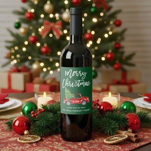 Brush Script Christmas Vintage Truck Green Wine Label
