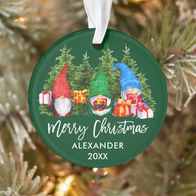 Brush Script Christmas Watercolor Gnomes Green Ornament (Tree)