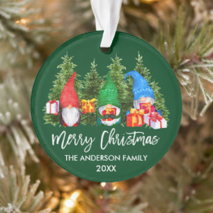 Brush Script Christmas Watercolor Gnomes Trees Ornament