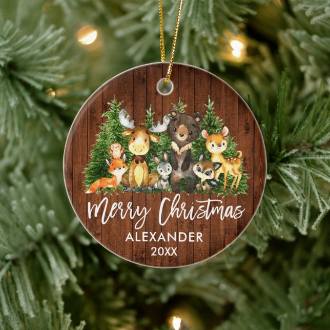 Brush Script Christmas Woodland Animals Rustic Ceramic Tree Decoration (Tree)