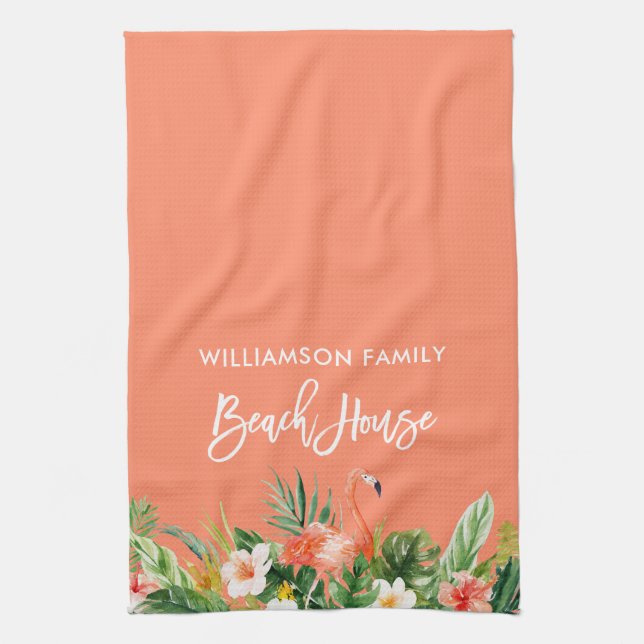 Brush Script Coral Tropical Floral Beach House Tea Towel (Vertical)