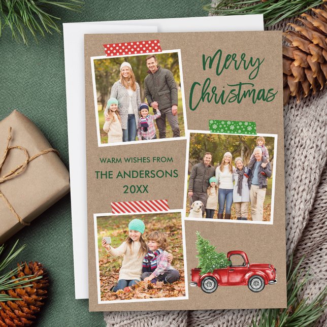 Brush Script Craft Tape Truck Christmas Kraft Holiday Card (Customize to add text or more photos to back of card.)