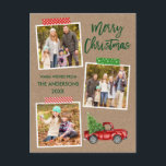 Brush Script Craft Tape Truck Christmas Kraft Postcard<br><div class="desc">Modern Brush Script Merry Christmas 3 Photo Collage Holiday Postcard includes Craft Tape and Watercolor Vintage Red Truck with Christmas Tree. Rustic Kraft Paper.</div>