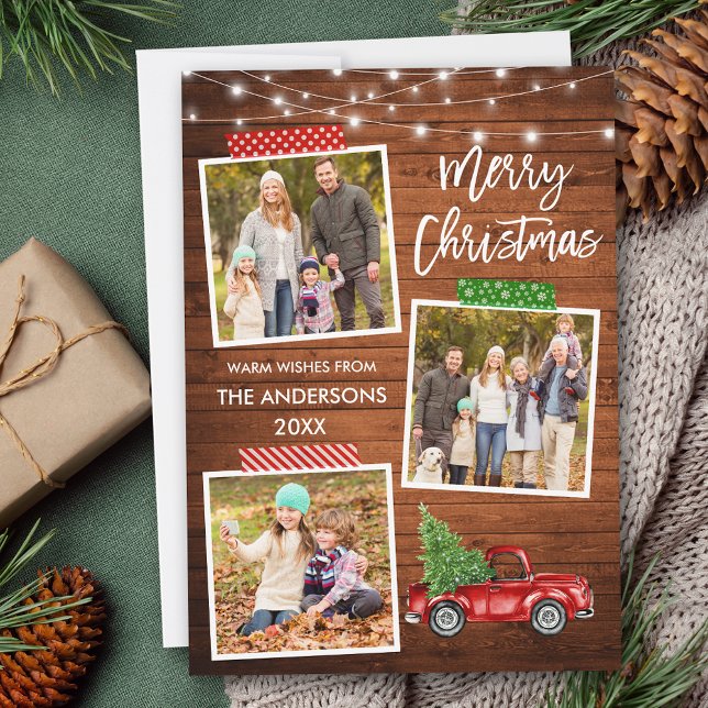 Brush Script Craft Tape Truck Wood Lights Holiday Card (Customize to add text to back of card.)