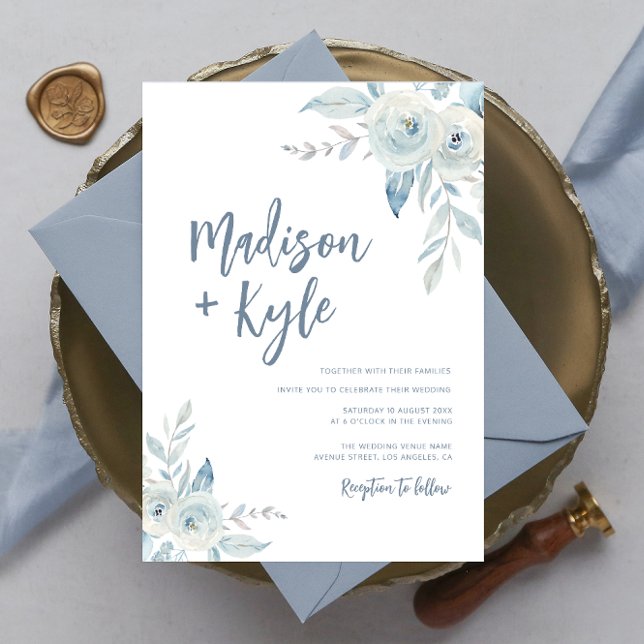 brush script dusty blue floral wedding invitation (Creator Uploaded)