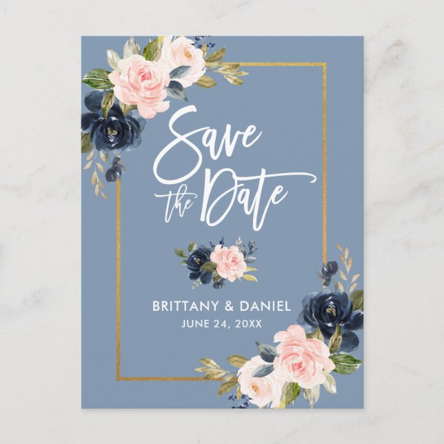 Brush Script Dusty Blue Pink Floral Save the Date Announcement Postcard (Front)