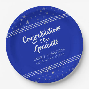 Brush Script Editable Royal Blue Graduation Paper Plate