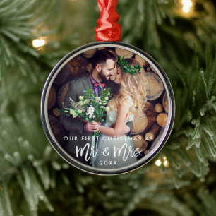 Brush Script First Christmas as Mr. & Mrs. Wedding Metal Tree Decoration