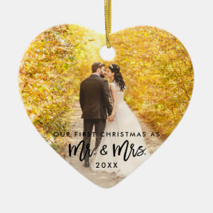 Brush Script First Christmas Mr. & Mrs. Photo Ceramic Tree Decoration