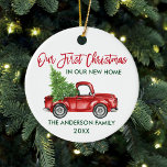 Brush Script First Christmas New Home Truck Ceramic Tree Decoration<br><div class="desc">Modern Brush Script Our First Christmas in our New Home Ornament includes Watercolor Vintage Red Truck with Christmas Tree</div>