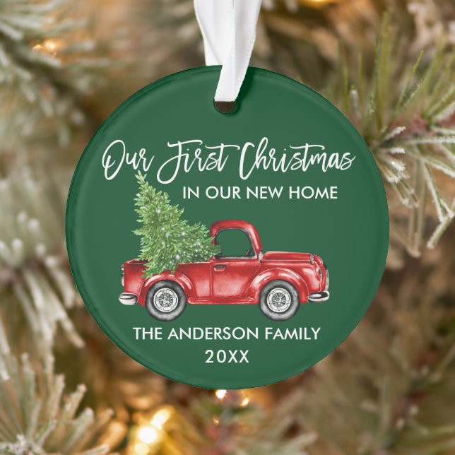 Brush Script First Christmas New Home Truck Green Ornament (Tree)