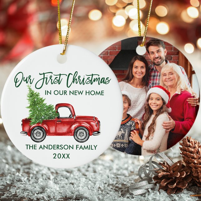 Brush Script First Christmas New Home Truck PHOTO Ceramic Tree Decoration (Customize with Name, Year and Photo.)