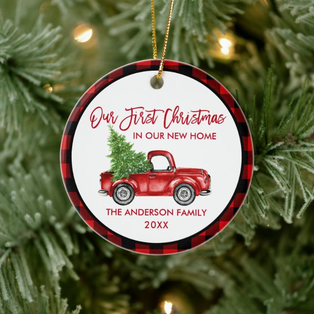 Brush Script First Christmas New Home Truck Plaid Ceramic Tree Decoration (Tree)