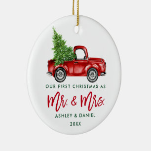 Brush Script First Christmas Red Truck PHOTO Back Ceramic Tree Decoration