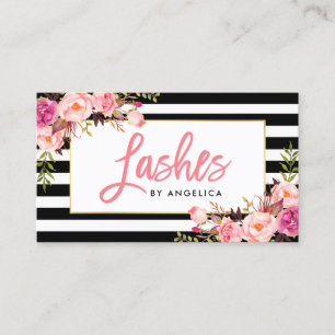 Brush Script Floral Pink Lashes Striped Business Card